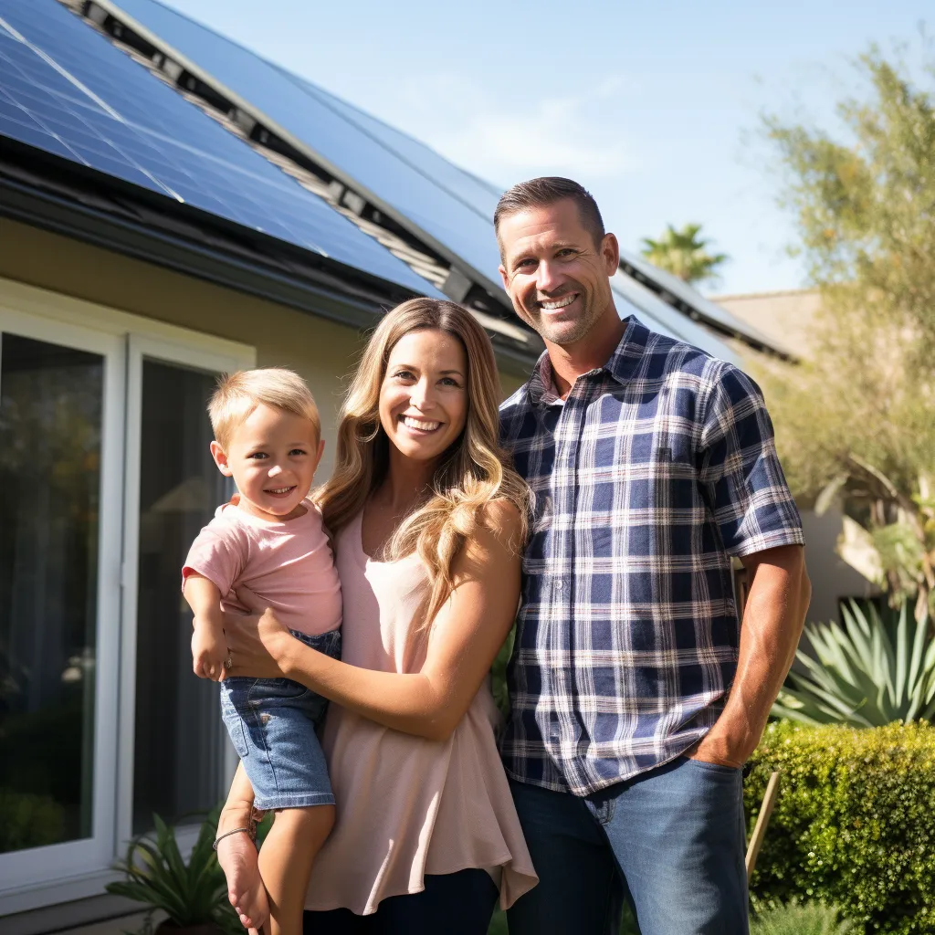 A family standing in front of a newly installed solar panel system on their home, photo